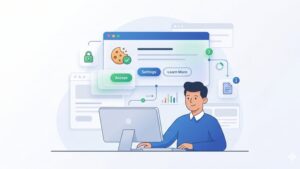 Современная иллюстрация с иконкой печенья и интерфейсом сайта для статьи о политике Cookie